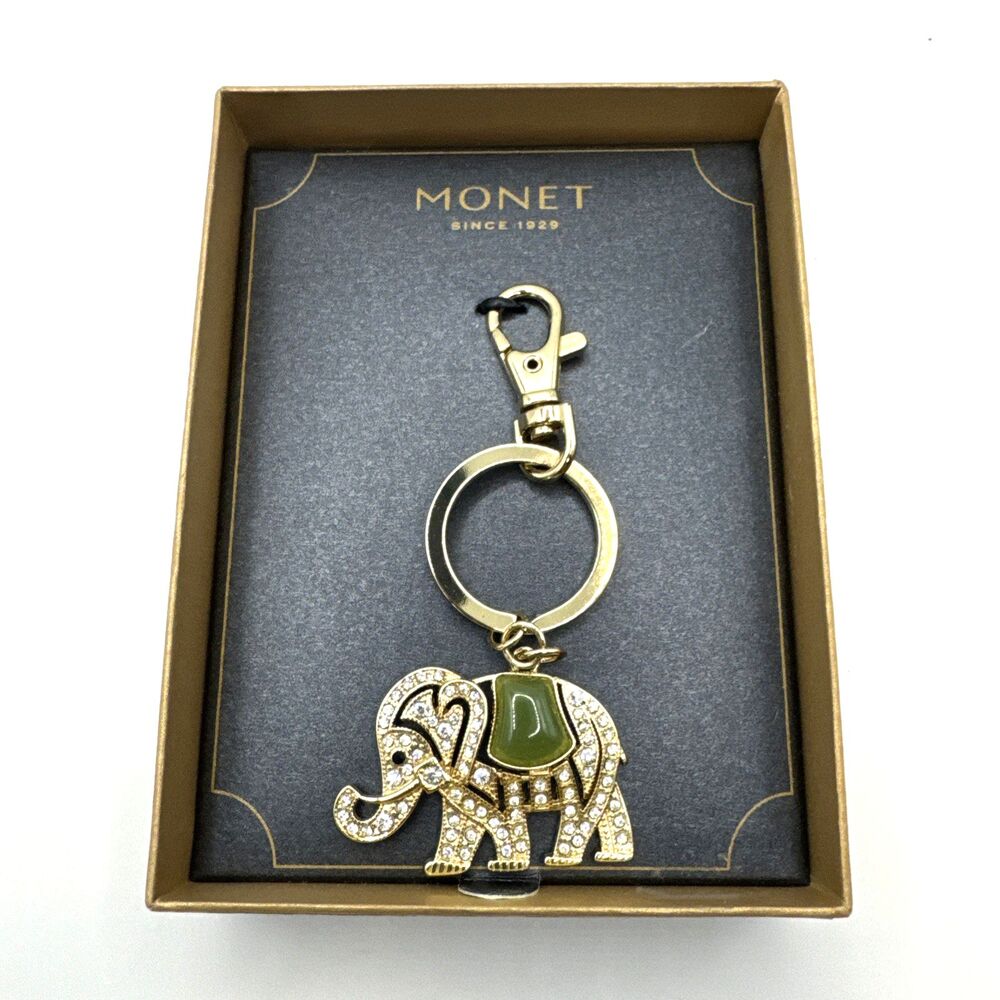 Monet Elephant Rhinestone Keychain Goldtone Green Stone Keyring Key Tag IOB